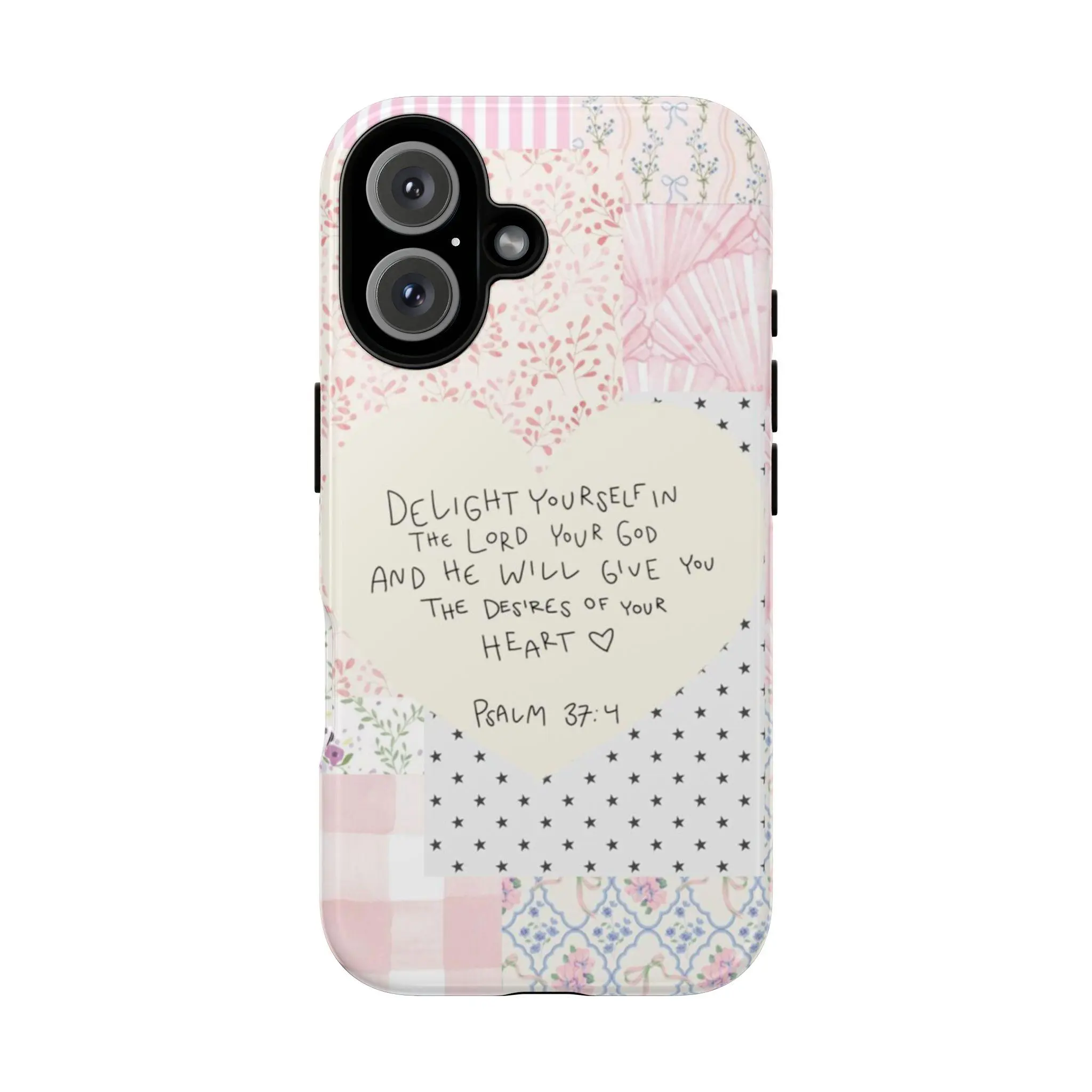 Psalm 37:4 Bible Verse Polycarbonate Smartphone Case - UV Printing, Shock Absorbent, Heavy Duty Shockproof Protection, Christian Glossy Floral Patchwork Casing, Durable Cellphone Cover, Aesthetic Collage Accessory Gift for God-Fearing Individuals, Accesso