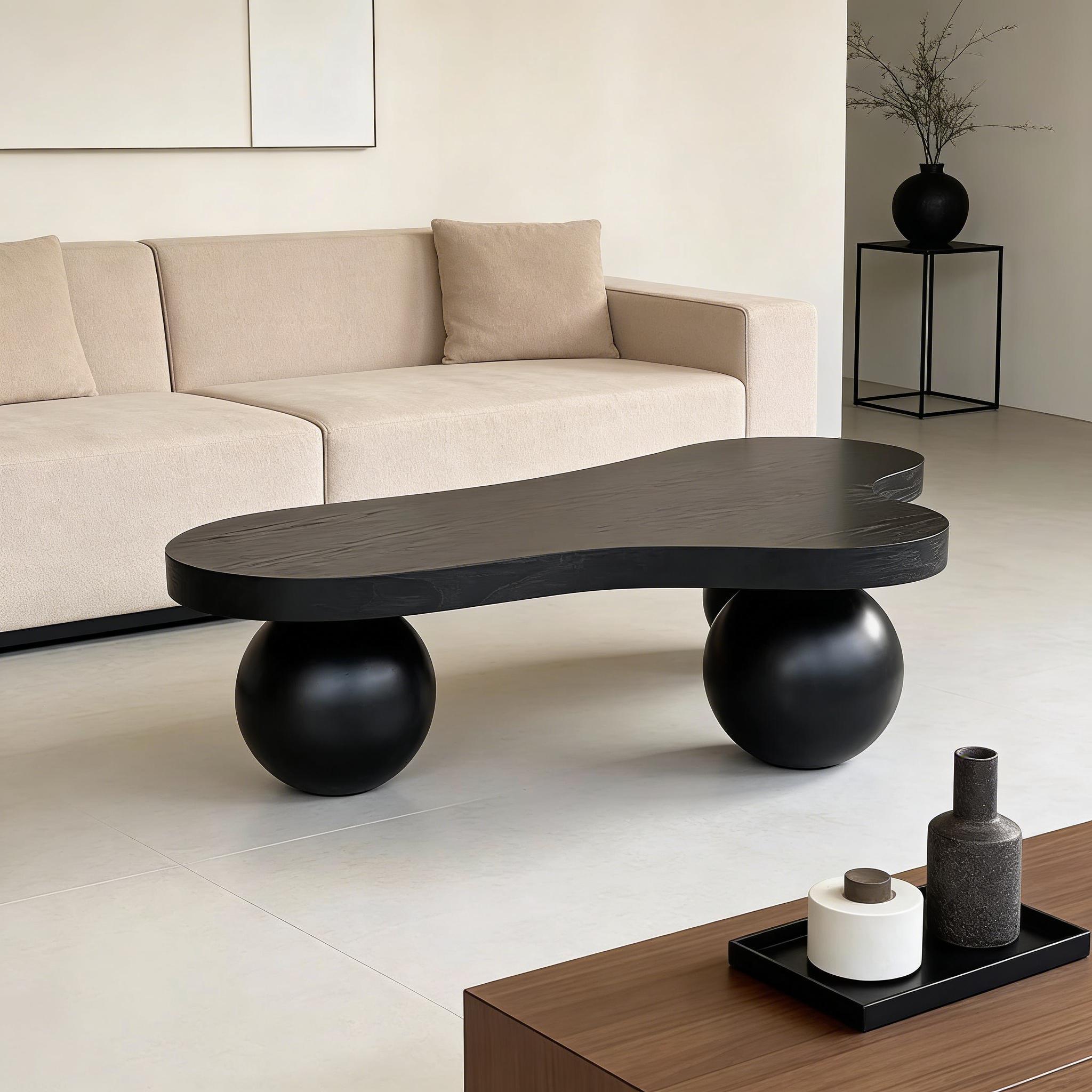 46" Cloud Shaped Coffee Table with 3 Ball Legs, Modern Irregular Center Table with Water Ripple Ash Veneer Top, Artistic Wood Coffee Table for Living Room Apartment, Black 46" Cloud Shaped Coffee Table with 3 Ball Legs, Modern Irregular Center Table with Water Ripple Ash Veneer Top, Artistic Wood Coffee Table for Living Room Apartment, Black