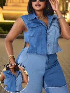 Women's Plus Size Colorblock Washed Denim Vest, Sleeveless Casual Fitted Design, Comfortable Daily Wear, Perfect for Layering