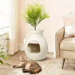Cat Litter Box with Hidden Enclosure Design - Artificial Plants, Plasma Sterilization System & LED Light Strip