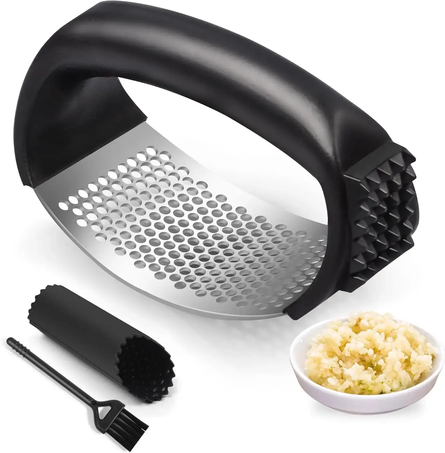 Stainless Steel Garlic Press Rocker with Peeling Drum Manual Crusher & Masher Tool for Easy Garlic Prep Kitchen Utensils Home Cooking Non-Slip Grip Easy to Clean Compact Portable Design Durable Black Sturdy