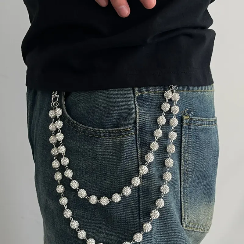 Hip Hop Wallet Chain for Men Jeans Pocket Belt Layered Bling Chain Disco Rhinestone Beads Baseball Drip Punk Jewelry Gifts Goth Accessories for Men Chains for Pants Body Accessory