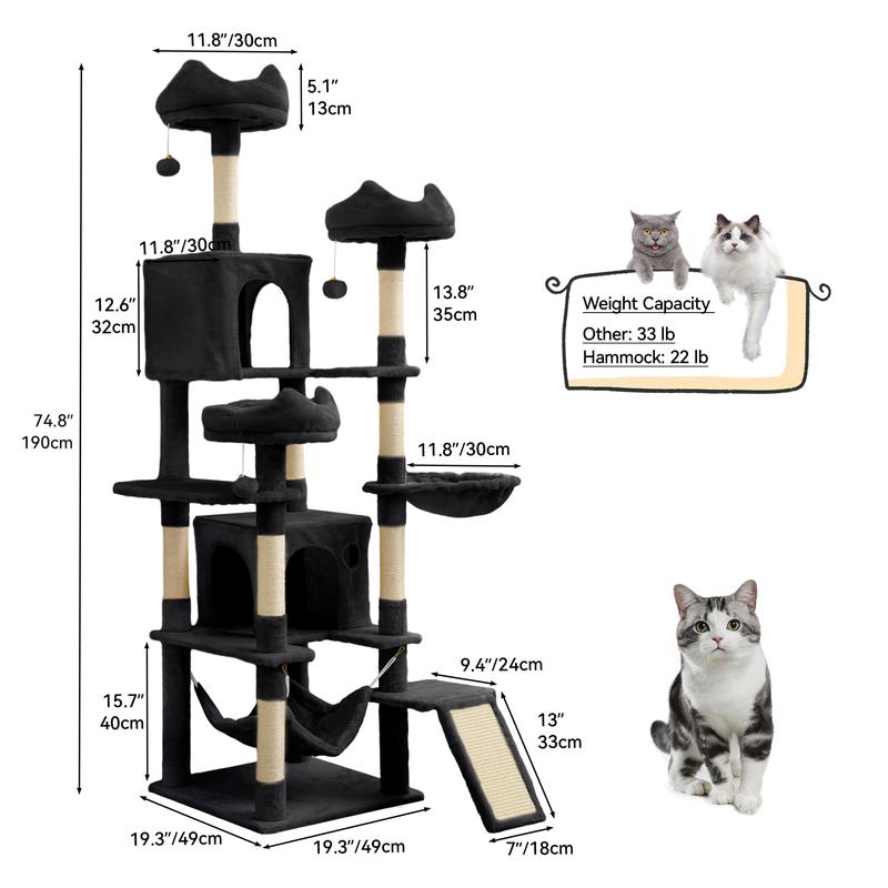 DWVO Tall Cat Tree Tower for Indoor Cats, 75in Multi-Level Cat Climbing Tower with Cat Condos, Top Perches, Hammock, Sisal Scratching Posts and Board, Kittens Play Activity Center