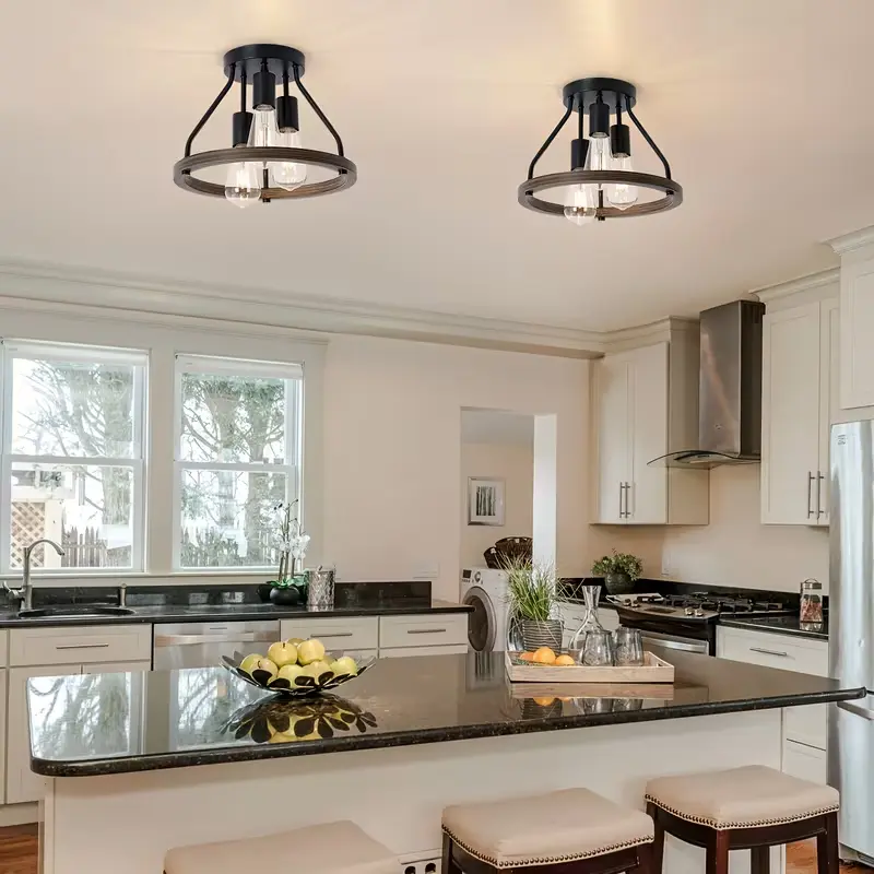 2026 Modern Farmhouse Round 3-Light Semi-Recessed Ceiling Light Dimmable Ceiling Fixture With Faux Aged Wood And Metal, Soft Warm Ambient Lighting For Hallway Bedroom Country Farmhouse Home Decor Light Fixture Bulbs Not Included3LightFixture #RusticLight