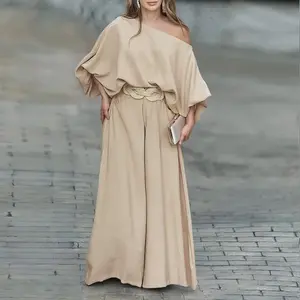2026 Women's Skew Neck Lantern Sleeve Top & Wide Leg Pants Set & Wedding Gust