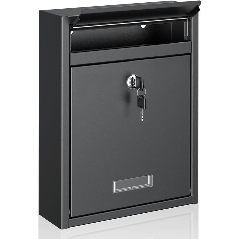 Wall Mount Mailbox for Outside, Locking Mail Box, Large Mailbox with Key Lock,  Mail Box for House, Safe Key Drop Box,  Box, Steel  Drop Box for Home Office School, Black