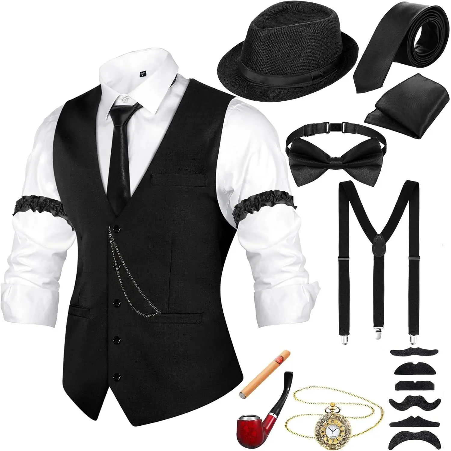 Men's 1920s Costume Accessory Set, Gangster Menswear Outfit with Stripe Vest, Hat, Suspenders, Smooth Bow Tie for Halloween & Christmas, Tweed, Elastic, Breathable, Stylish, Synthetic, Parties, Belt, Pocket