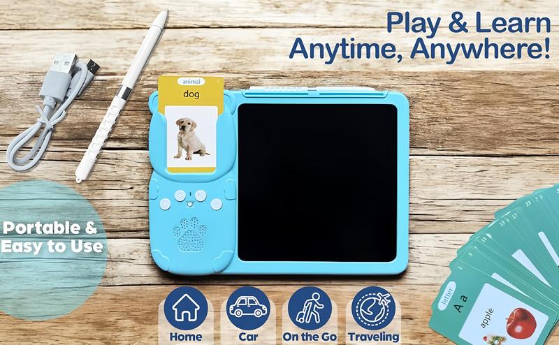 KIDGENIUS 3-in-1 LCD Writing Tablet with Quick Eraser Button & 510 Vocabulary Flash Cards for English & Spanish Learning - Ideal Home Tutor Gift Animal Toddler Charging Durable Portable Rechargeable Screen
