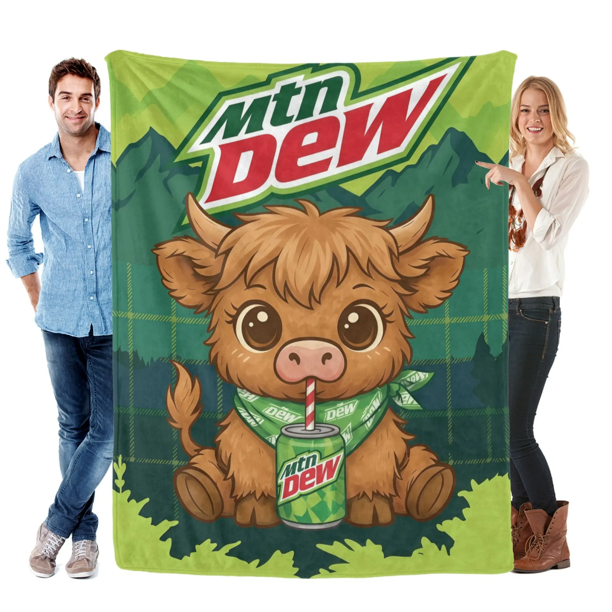 Cute Highland Cow Mtn Dew Cartoon Flannel Throw Blanket, Lightweight Ultra Soft Fuzzy Plush Blanket for Couch Bed, All Season Cozy, Funny Gift for Soda Lovers Cow Fans Kids Bedroom Decor