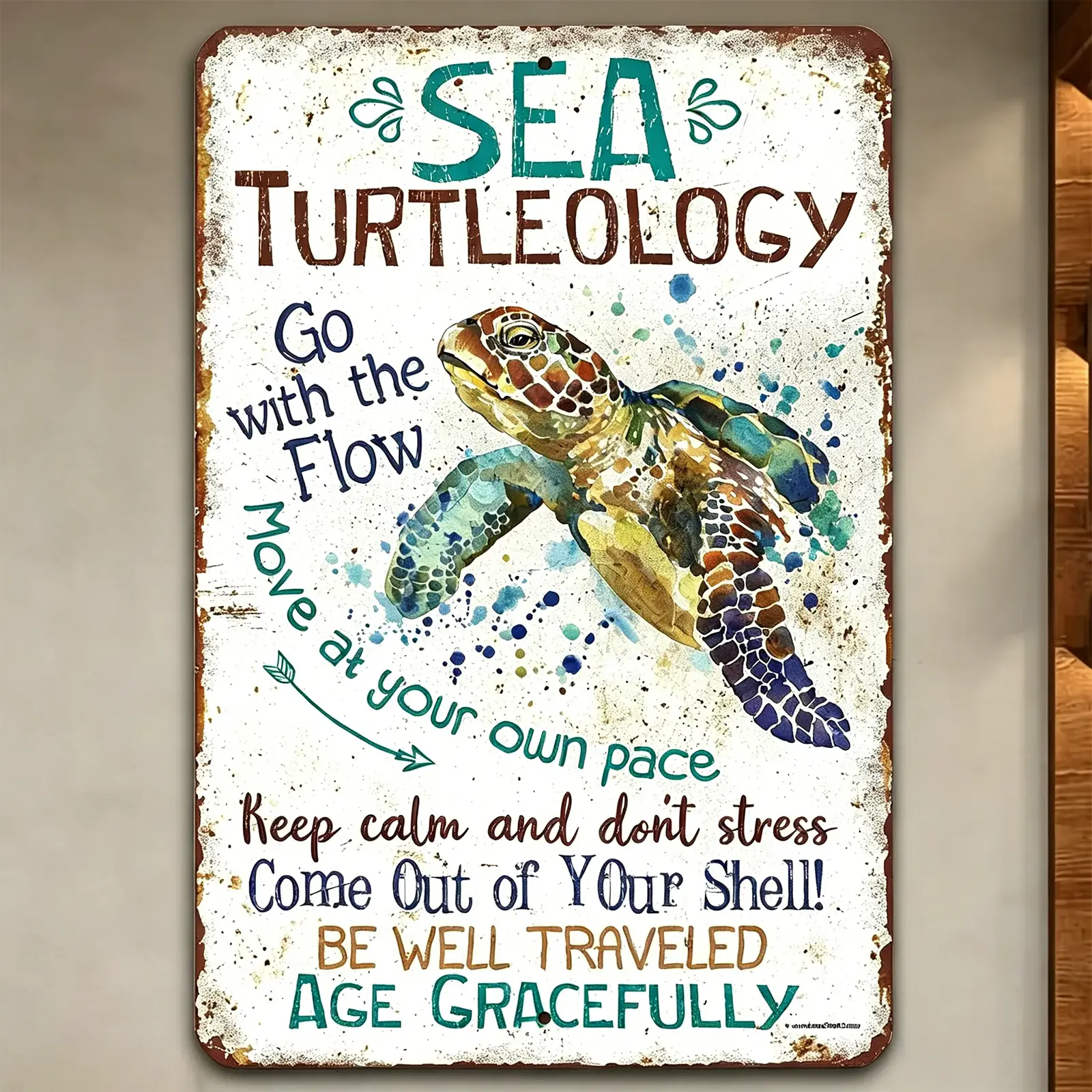 Vintage Sea Turtle Metal Sign | Go With The Flow, Move At Your Own Pace, Anti-Stress Inspirational Wall Decor "Keep Calm & Don’t Stress" Coastal Decor For Slow Living Lovers Gift For Slow Living & Beach Lovers Coastal Decor, 8x12 In