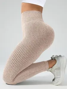 Women's Seamless Knitted Textured Yoga Leggings, High Waist Butt Lift Abdominal Control, Casual Fashion Sports Pants, Gym Workout Leggings, 1 Piece