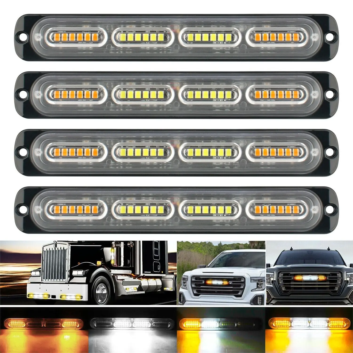 2/4-Piece Amber White Synchronized Ultra-Thin 24-LED SMD Flashing Strobe Light, Suitable for Trucks, Cars, and All Types of Vehicles, LED Mini Grille Light Head Emergency Warning Light Hazard Warning Light