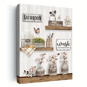 1 Piece Farmhouse Bathroom Wall Art - Floral and Butterfly Canvas Print, with Wooden Frame, Bathroom Relaxation and Wellness Decor, Bathroom Wall Decor| Pastoral Wall Painting| Wooden Frame Art, Bathroom Decoration, Quote Prints