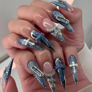 Acid Wash Denim Stiletto Press On Nails | 3D Safety Pin, Chain, Chrome Cross Art