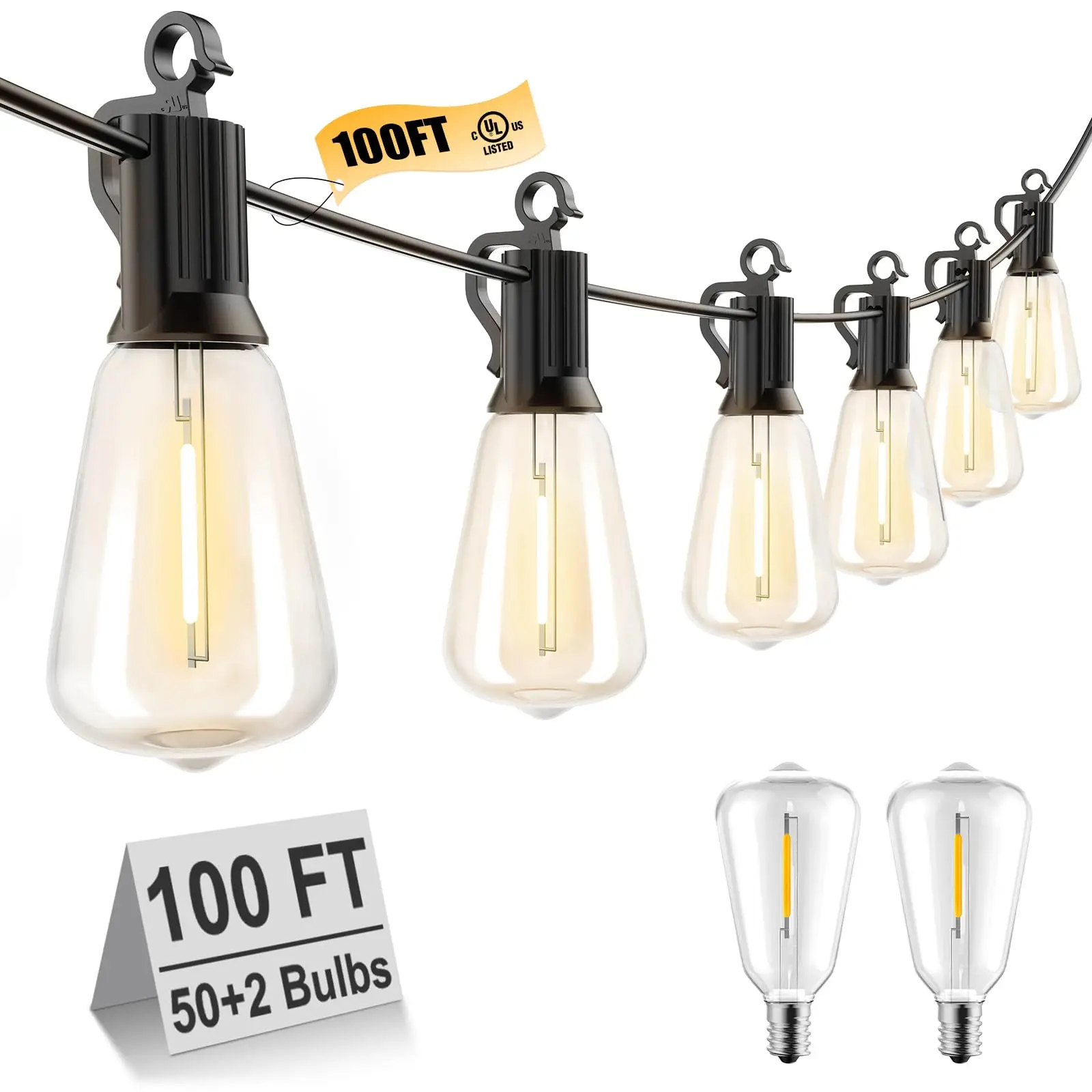 Brightown Outdoor String Lights LED 100FT Patio Lights with 52 Shatterproof ST38 Dimmable Vintage Edison Bulbs, Waterproof Outside Hanging Lights for