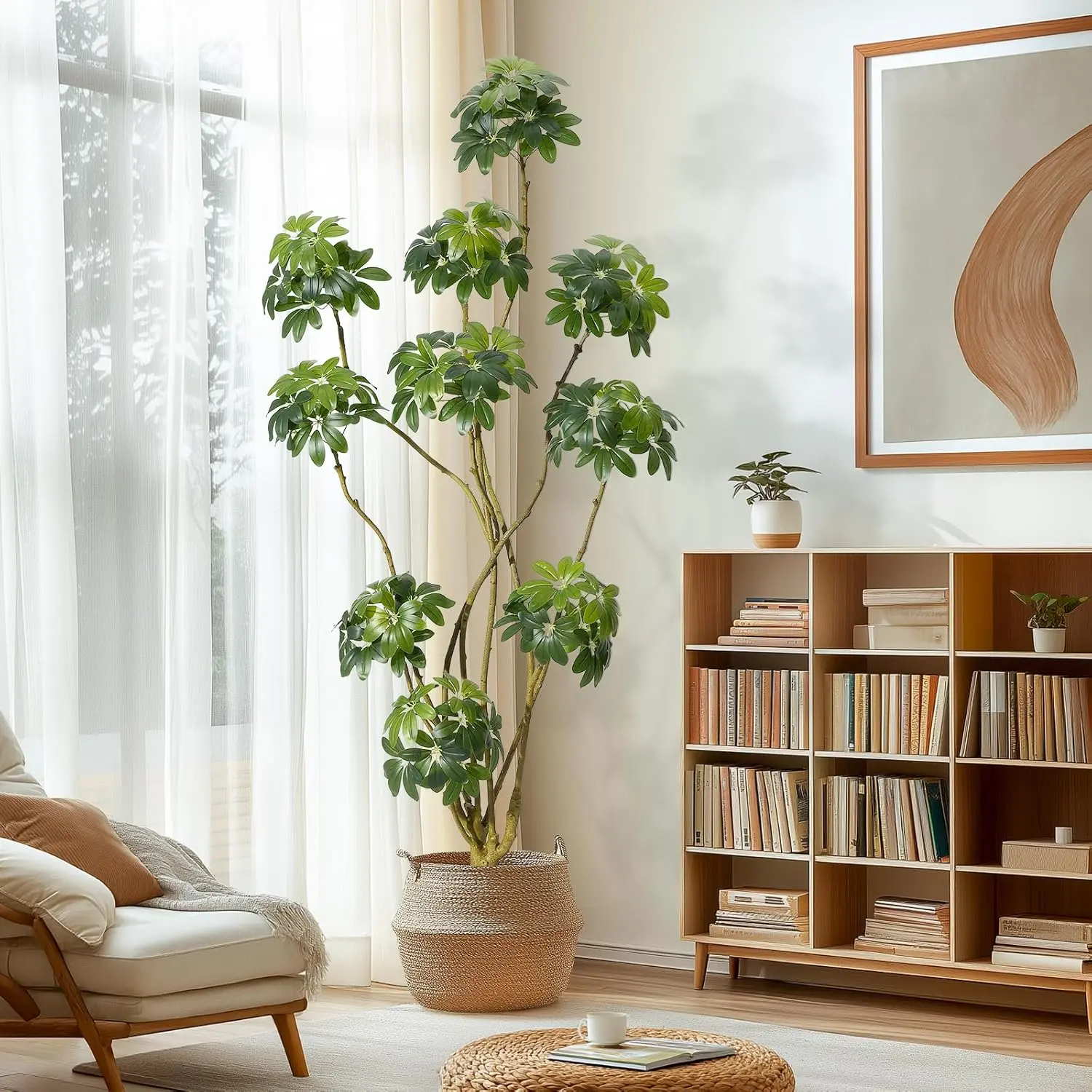 【Christmas Gift】7ft Lightweight Artificial Schefflera Umbrella Tree - Multiple Trunks, Real-Touch Leaves, Decorative White PE Base Planter, Moss-Infused Indoor Floor Tree for Modern Living Room Decoration, Home Decor