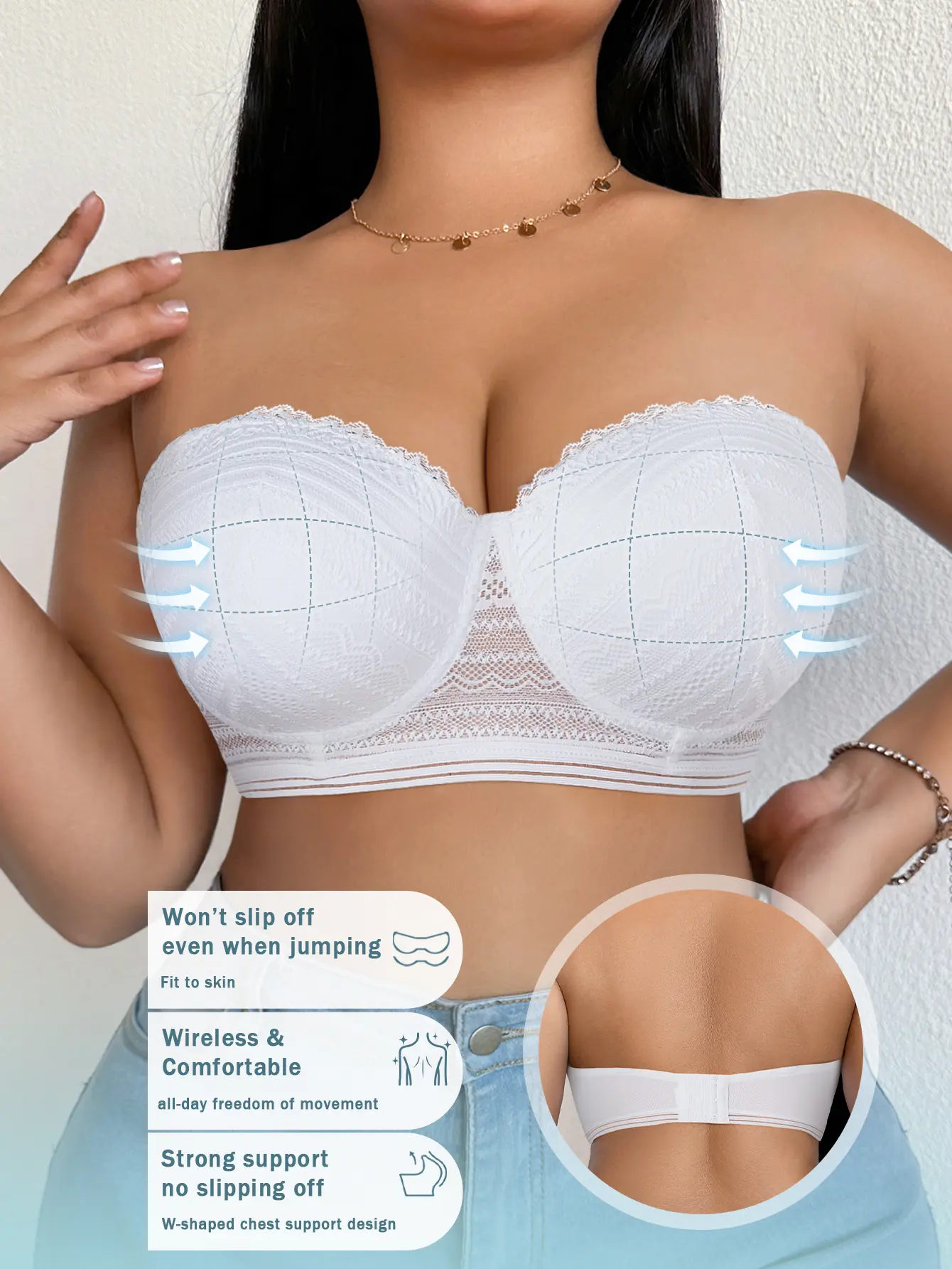 Women's Plus Size Strapless Lace Bra - Non-Slip, Wire-Free, Supportive, Push-Up Lingerie - Comfortable, Sexy, Chic, Elegant Fit Everyday Underwear