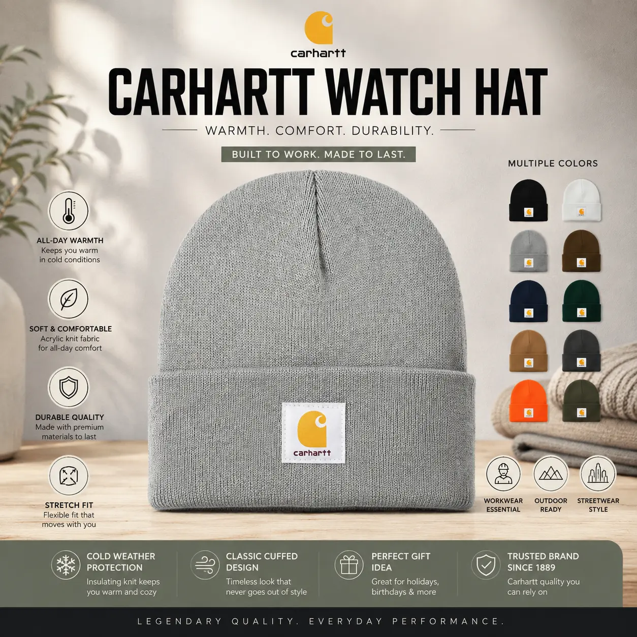 Carhartt Beanie Classic Logo Cuffed Knit Hat for Men & Women, Cozy Winter Streetwear Cap, Soft Stretch Cold Weather Essential, Trending Everyday Workwear Beanie for Outdoor Travel, Ski Trips, Casual Outfits & Holiday Gifts