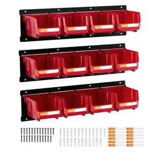 VEVOR Wall Mounted Storage Bins,  12 Plastic Bins & 3 Metal Rails, Plastic Hanging Stackable Storage Bin for Screws, Nuts, Bolts, Nails, Hardware Tool Organizer for Workshop, Craft Room, Garage, Red
