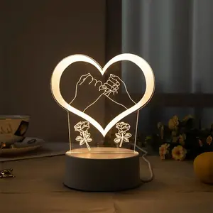 3D Heart Shaped Night Light, Creative Bedside Table Lamp, USB Powered Desktop LED Light with Switch, Novelty Acrylic Eye Care LED Light for Bedroom Living Room Decor