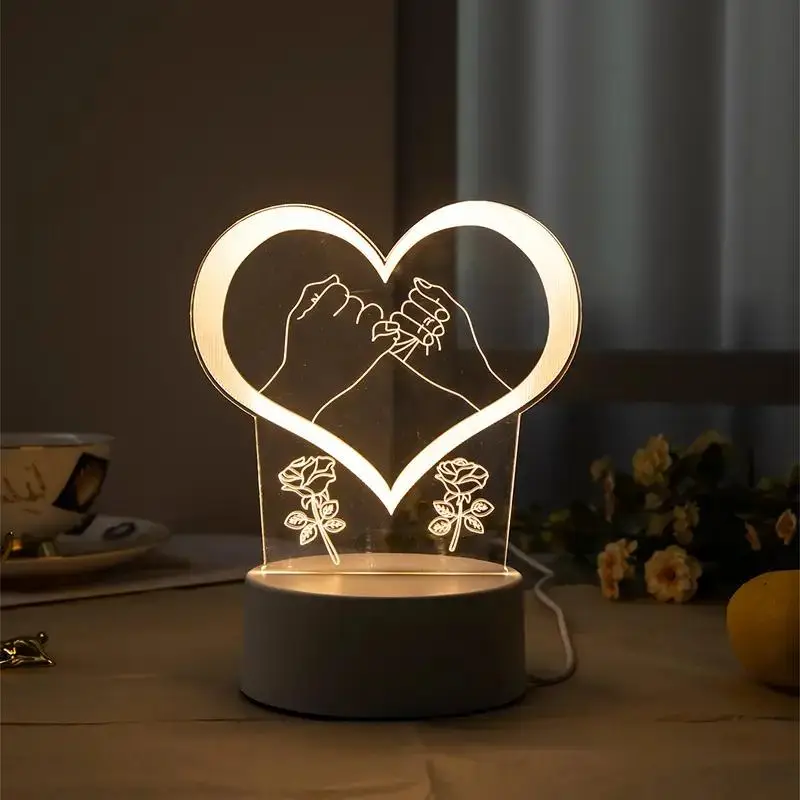 3D Heart Shaped Night Light, Creative Bedside Table Lamp, USB Powered Desktop LED Light with Switch, Novelty Acrylic Eye Care LED Light for Bedroom Li