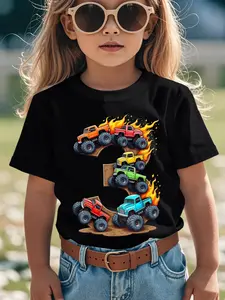 Kids 5th Birthday Monster Truck Graphic Tees Boys Cool Flame Off-Road Car Casual Tops
