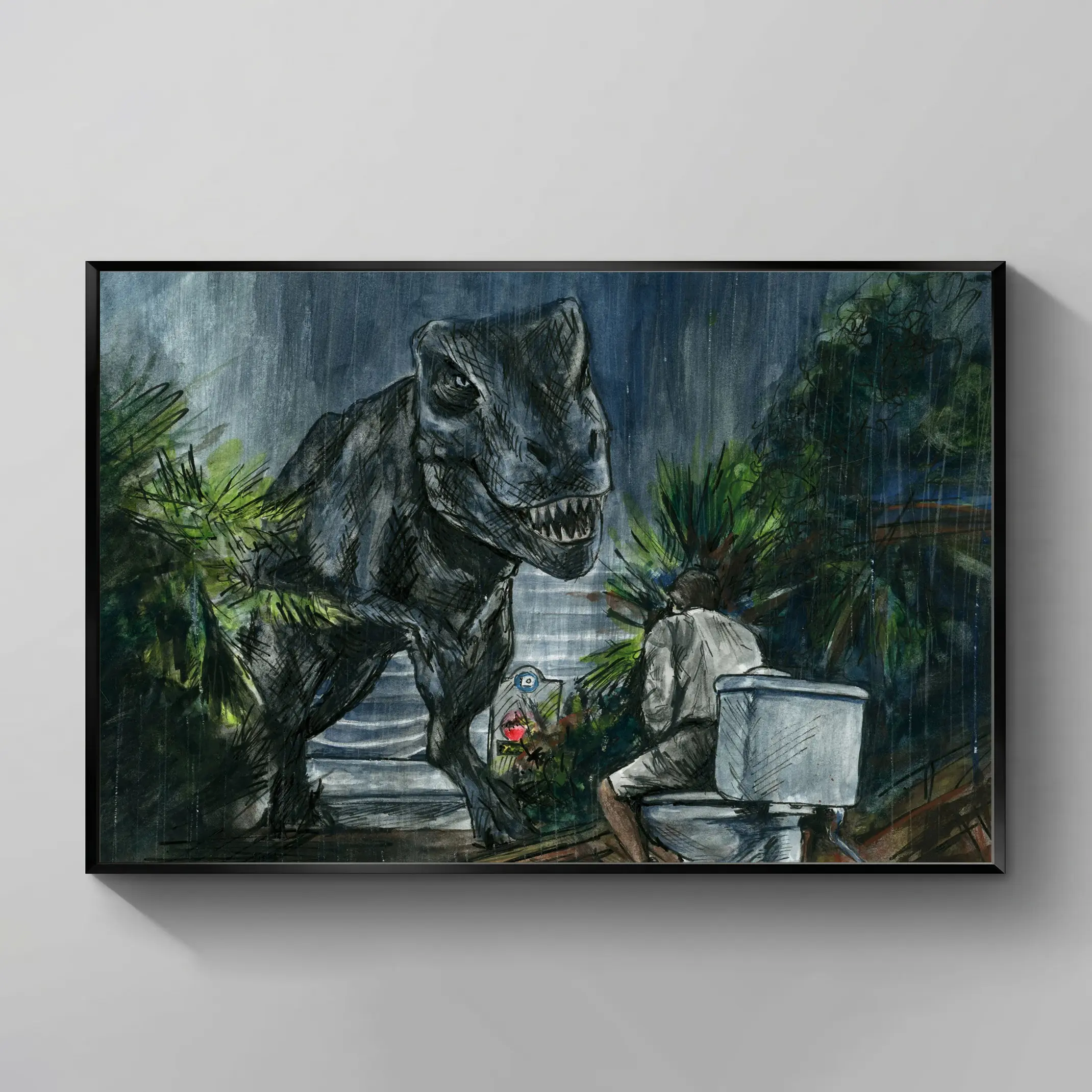 Jurassic Park Toilet Scene Artistic Graphic Print - Tyrannosaurus Rex Movie Drawing/Sketch, Hangable House Decor, Funny Wall Art for Bathroom, Office