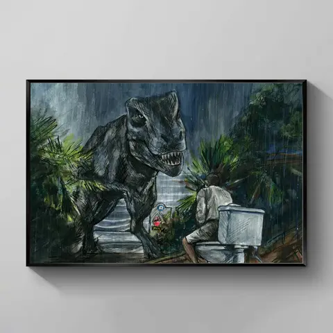 Jurassic Park Tyrannosaurus Rex Toilet Scene Artistic Graphic Print Poster - Wood-Framed Hangable Wall Art, Bathroom Cool Room Decor, Dinosaur Lovers Funny Fan Gift, Box-Included Accessory, Decorations for Room, T-Rex Wall Shock