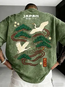 Men's Summer Crane Pattern Vintage Large Fit Print T-Shirt, Double-Sided Print Casual Street Style Short Sleeve, Perfect for Daily Wear, Streetwear
