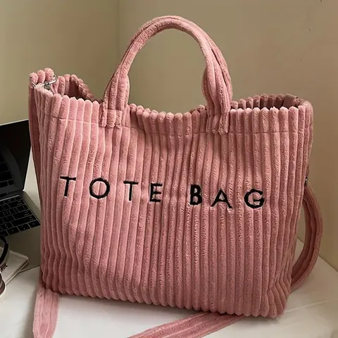 Women's Chic Striped Corduroy Tote Bag - Bags for Women, Velcro, Dual Functionality, Adjustable Strap, Laptop-Compatible, Commuter Style, Multi-Color Options, From Office to Brunch, Fits Dining & Outdoor Needs