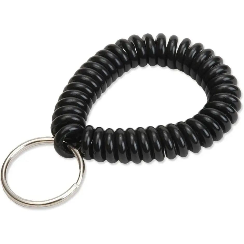 Black Spiral Wrist Coil Keychain Bracelet, Flexible Stretchable Wristlet Key Holder with Steel Key Ring, 2 Inch Diameter Wrist Strap Extends Up to 12 Inches, Unisex Keychain for Keys, ID Badges, Gym, Pool and Everyday Use