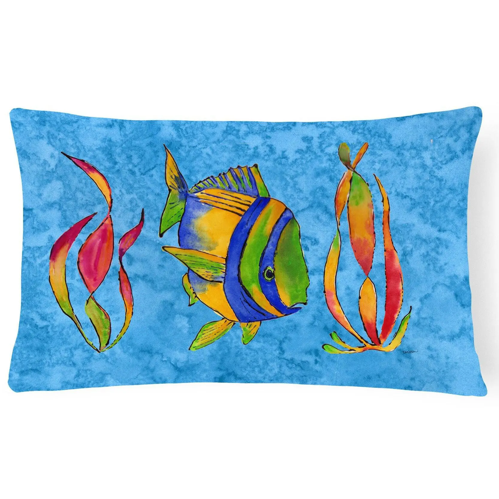 Troical Fish and Seaweed on Blue Decorative Throw Pillow 12x16 Indoor Outdoor Accent Cushion, Fabric Cover with Insert for Sofa, Bed, Porch & Living Room