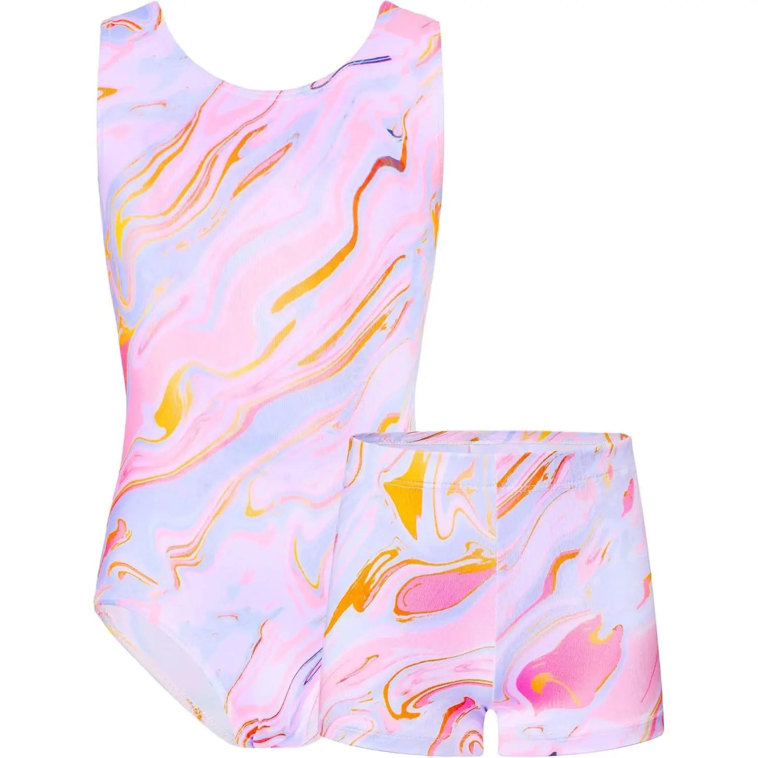 Girls' Sparkly Graphic Gymnastics Leotard and Shorts Set, Sleeveless 4-Way Stretch Dance Outfit, Comfortable Sport Specific Clothing for Tumbling, Graphic Clothing, Stretchy Shorts, Female, Bold Design