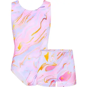 KF5-GCS026  Gymnastics Leotards for Girls Sleeveless Kids Dance Tumbling Outfit Matching Shorts Set Age 4-12 Years