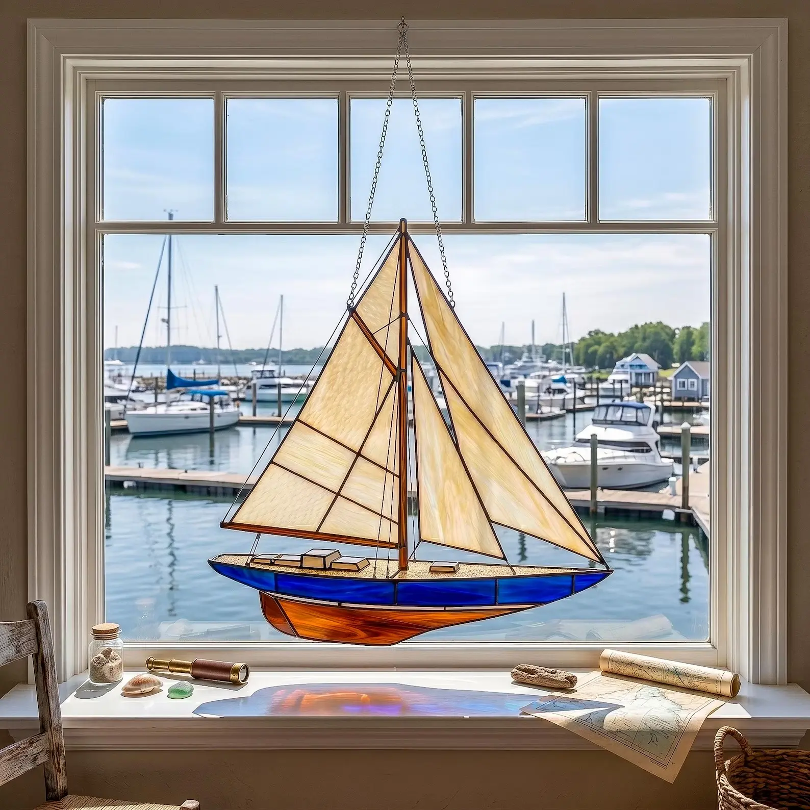 Nautical Sailboat Beach House Decor Handmade Stained Glass Suncatcher Window Hanging, Premium Colored Glass Art Ornament, Perfect Father's Day Gift for Sailors & Boat Lovers