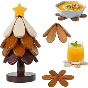 Wooden Tree Trivets for Hot Dishes, Christmas Tree Trivet Set of 4 with Stand,  Foldable Pot Holders for Hot Pots & Pans,  Coasters for Bowls, Teapots, Drinks & Plates (Walnut )
