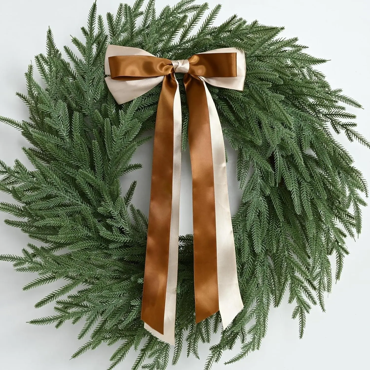24 Inch Norfolk Pine Christmas Wreath with Bow Ribbon for Front Door Home Table Wall Window Indoor Outdoor Christmas Decorations