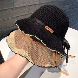 Women's Bucket Hat New Spring Summer Style Letter Patch Knitted Breathable Korean Style Versatile Foldable Sun Hat for Sunny Days