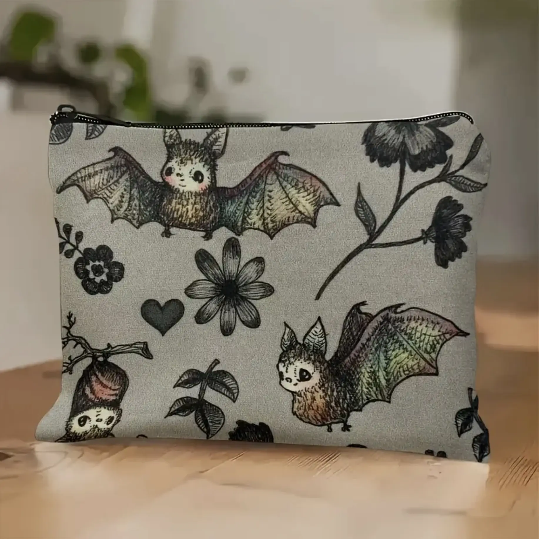 Spooky Bat Travel Makeup Bag with Floral Design and Cute Bat Illustrations Perfect for Traveling