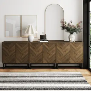 Herringbone Storage Cabinet Credenza Walnut (Set of 3)