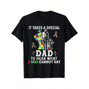 Men's Fun Autism Awareness Sunday T-Shirt-Need a Special Dad to Hear Things His Son Can't Say Puzzle Blocks and Parenting Humor Graphics Cotton Casual Round Neck T-Shirt Suitable for Dad Casual Wear and Father's Day Gifts