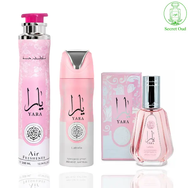 Yara Perfume 50ml (1.7oz) + Yara Deodorant 200ml (6.67oz) + Yara Air Freshener 300ml (10.0 oz) from Lattafa Perfumes Yara Perfume 50ml (1.7oz) + Yara Deodorant 200ml (6.67oz) + Yara Air Freshener 300ml (10.0 oz) from Lattafa Perfumes