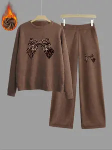 Women's Leopard Bow Print Thick Knit Sweater Set, Casual Fitted Long Sleeve Top & High Waist Straight Leg Pants, Fall Winter Two-Piece Suit