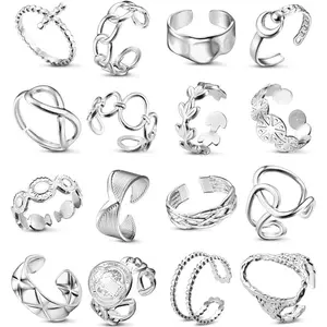 Cassieca 16 Count Stainless Steel Rings for Women Open Knuckle Stackable Rings Adjustable Aesthetic Rings Snake Leaf Feather Butterfly Chunky Thumb Finger Rings Trendy Simple Statement Rings Non Tarnish Indie rings Daily