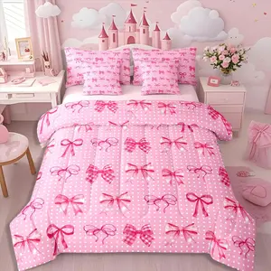 7-Piece Pink Bow Bed in A Bag,Teen Girl Coquette Bow Comforter Set with Sheets for Kids