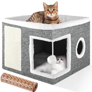 Cat Bed, YUWENUS Cat House for Indoor Cats with 2 Cushion, Large Cat Cave with Scratch Pad and Fluffy Ball Hanging, Grey G2ddb40117