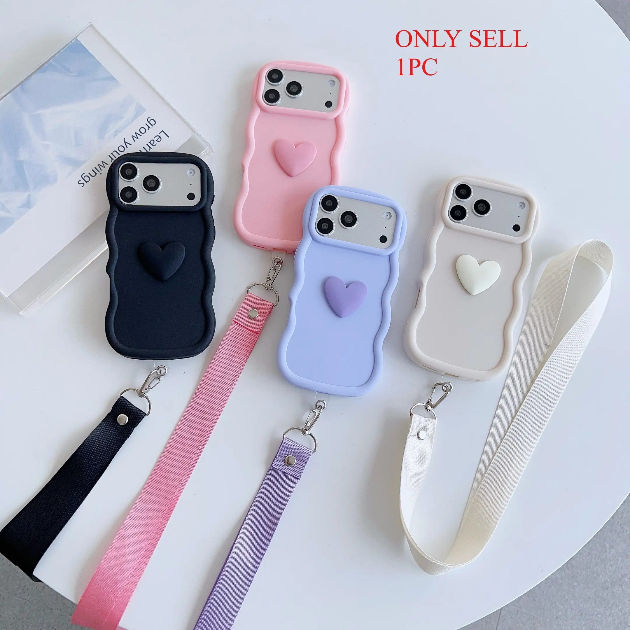 Suitable for iPhone 17/17pro/17pro max/16pro max/16pro/15/14/13/12/11 series, Protective, simple three-dimensional heart-shaped phone case Cover, Accessories with detachable hanging rope to prevent falling