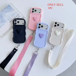 Suitable for iPhone 17/17pro/17pro max/16pro max/16pro/15/14/13/12/11 series, Protective, simple three-dimensional heart-shaped phone case with detachable hanging rope to prevent falling