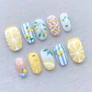 Handmade Press On False Nails - 3D Citrus Slice, Blue Stripe & Daisy Summer Design Lemon Nail Art Decorations