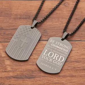 Men's Black Fashion Trend Necklace with Stainless Steel Cross Pendant Featuring Joshua 1:9 Bible Verse Design for Everyday Wear Durable Stylish Spiritual Symbolism